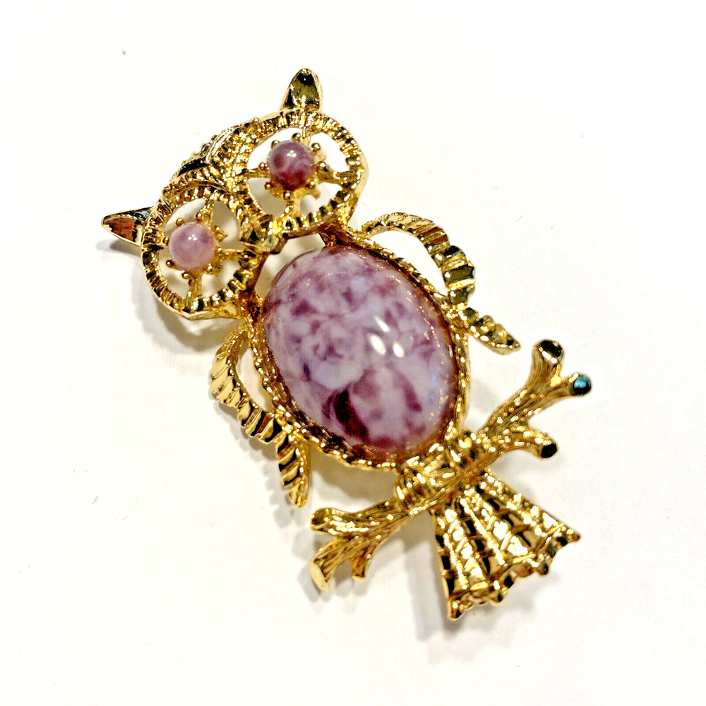 Vintage Gerrys Owl Brooch Goldtone Purple Stone Statement Jewelry Pin Pendant